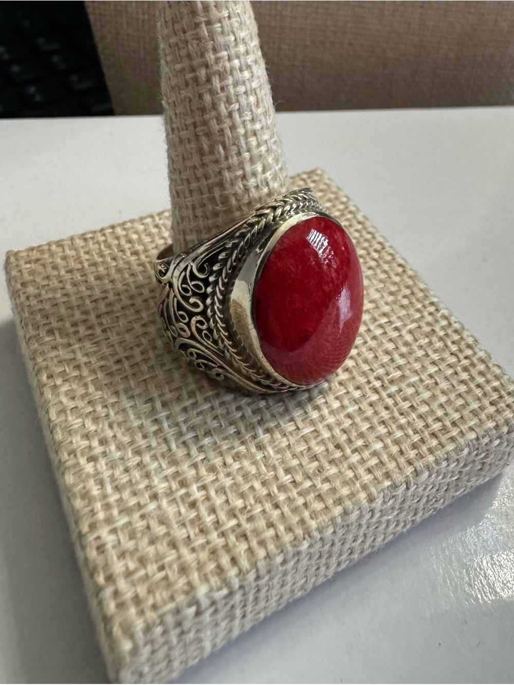 Carolyn Pollack SS Bold Red Coral Cabochon Ring w/ Filigree Accent Band